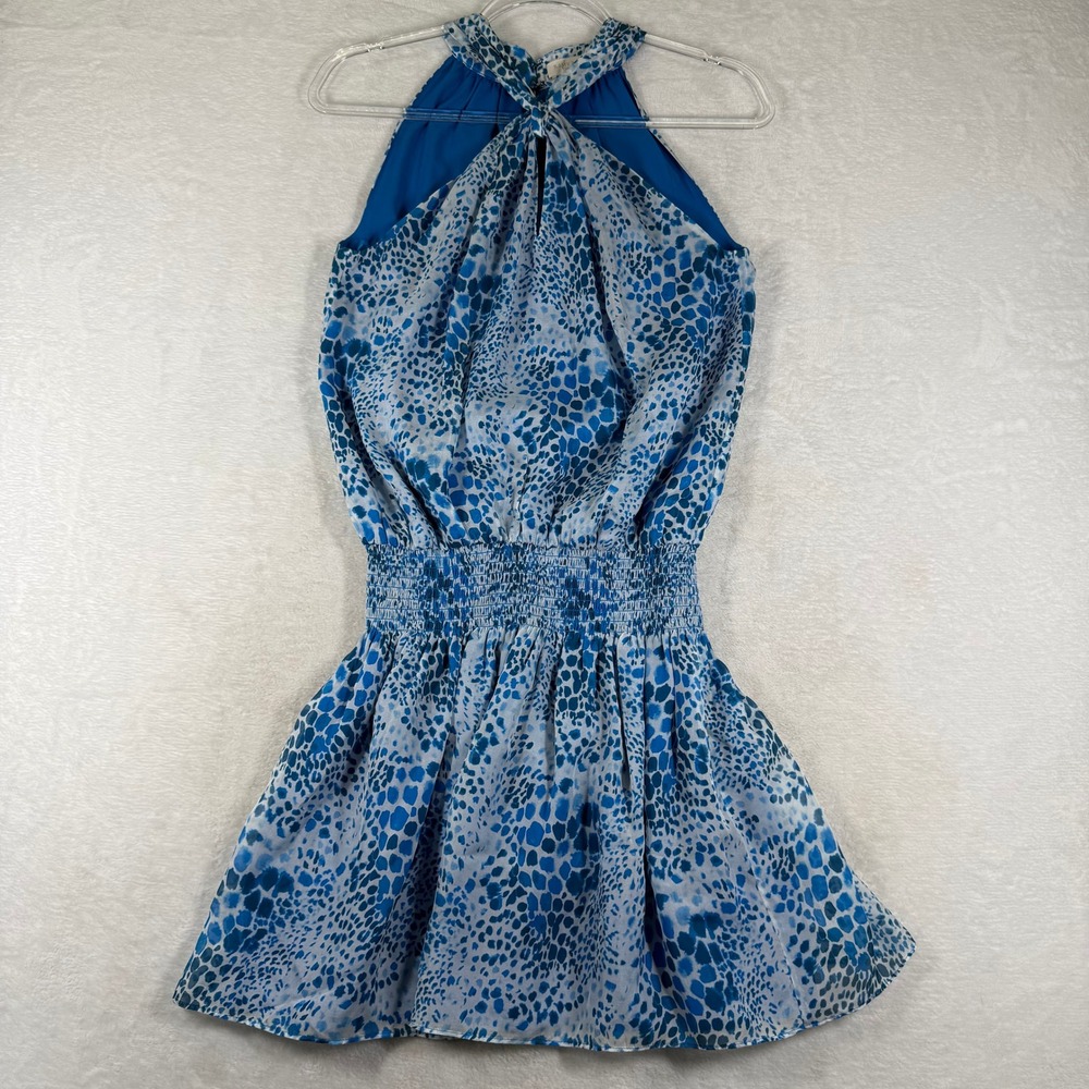 Ramy Brook Blue White Silk Animal Print Smocked Halter Mini Dress Womens S